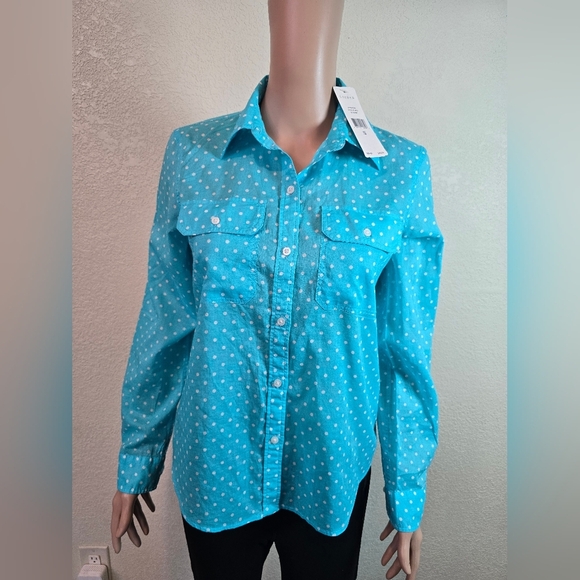 New Ralph Lauren Shirt Womens Mp Blue Polka Dot Button Up Long Sleeve Top - Picture 4 of 10